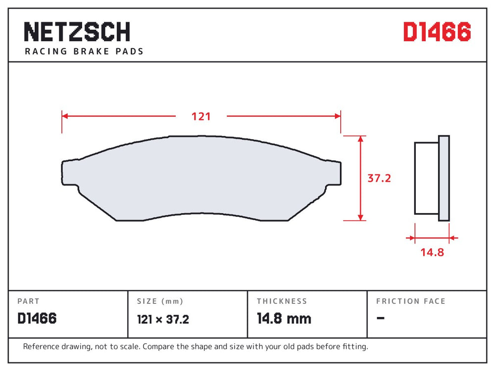 NETZSCH D1466 brake pad drawing, 14.8 mm thick