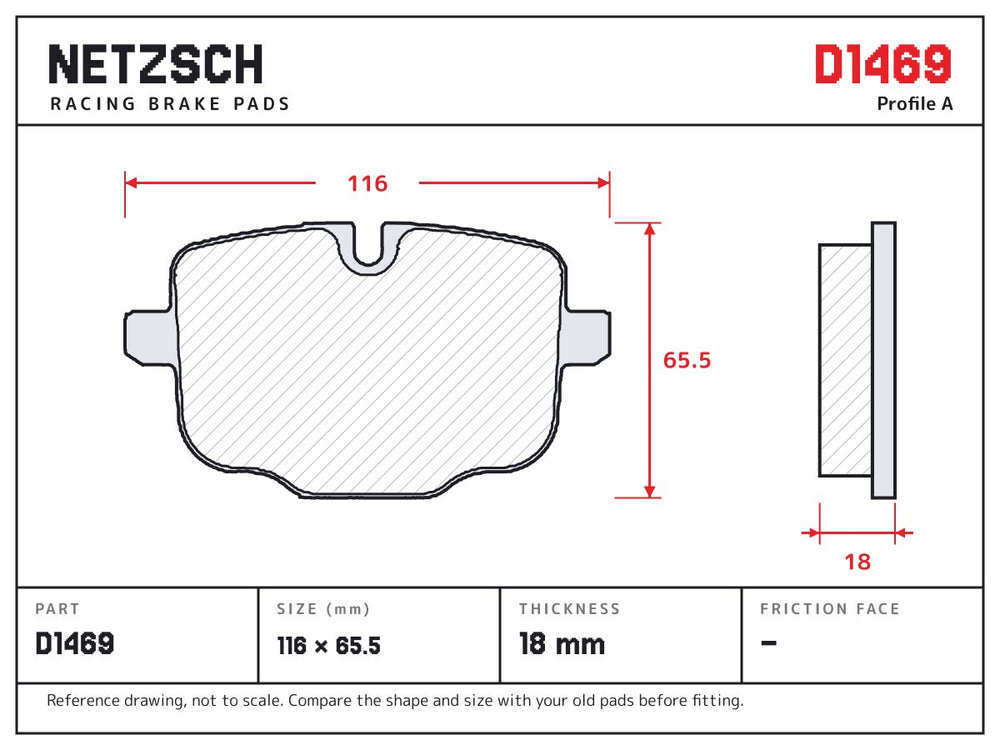 NETZSCH D1469 brake pad drawing, 18 mm thick