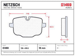 NETZSCH D1469 brake pad drawing, 18 mm thick