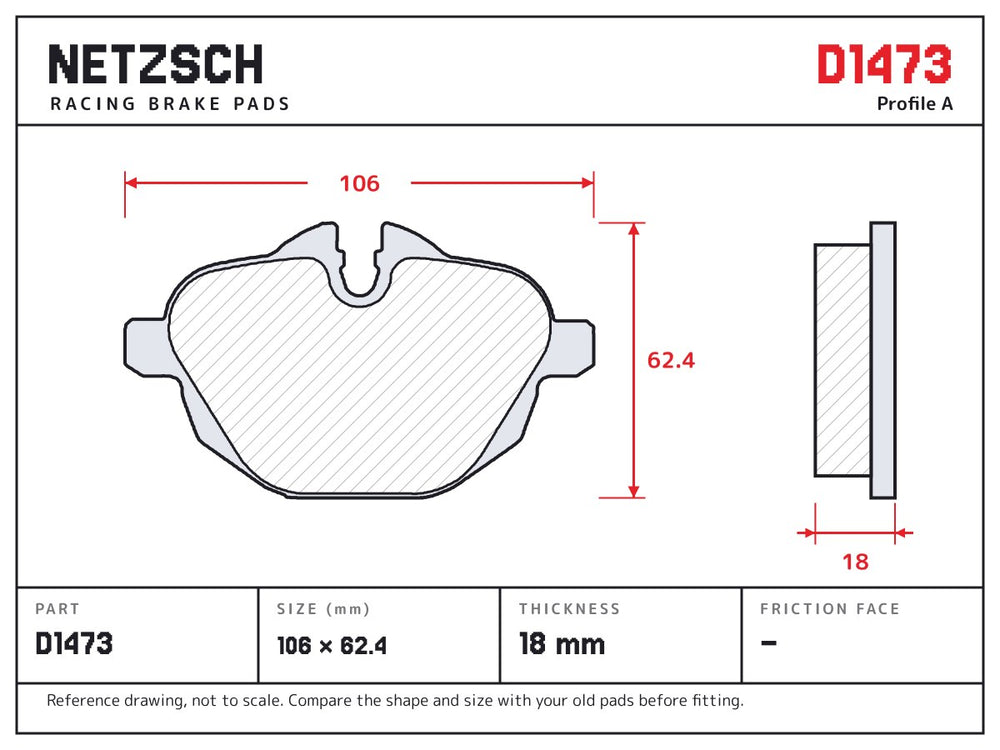 NETZSCH D1473 brake pad drawing, 18 mm thick