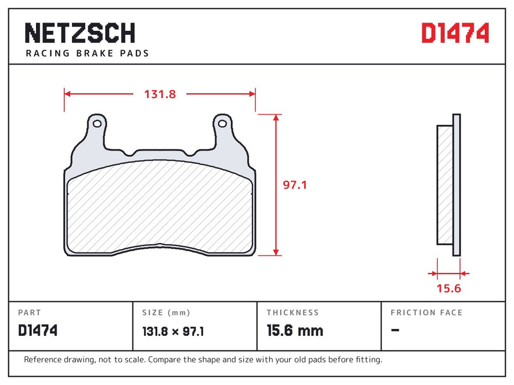 NETZSCH D1474 brake pad drawing, 15.6 mm thick