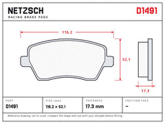 NETZSCH D1491 brake pad drawing, 17.3 mm thick