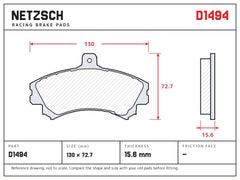 NETZSCH D1494 brake pad drawing, 15.6 mm thick