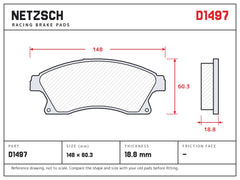 NETZSCH D1497 brake pad drawing, 18.8 mm thick