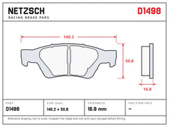 NETZSCH D1498 brake pad drawing, 16.8 mm thick