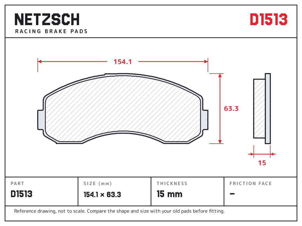 NETZSCH D1513 brake pad drawing, 15 mm thick