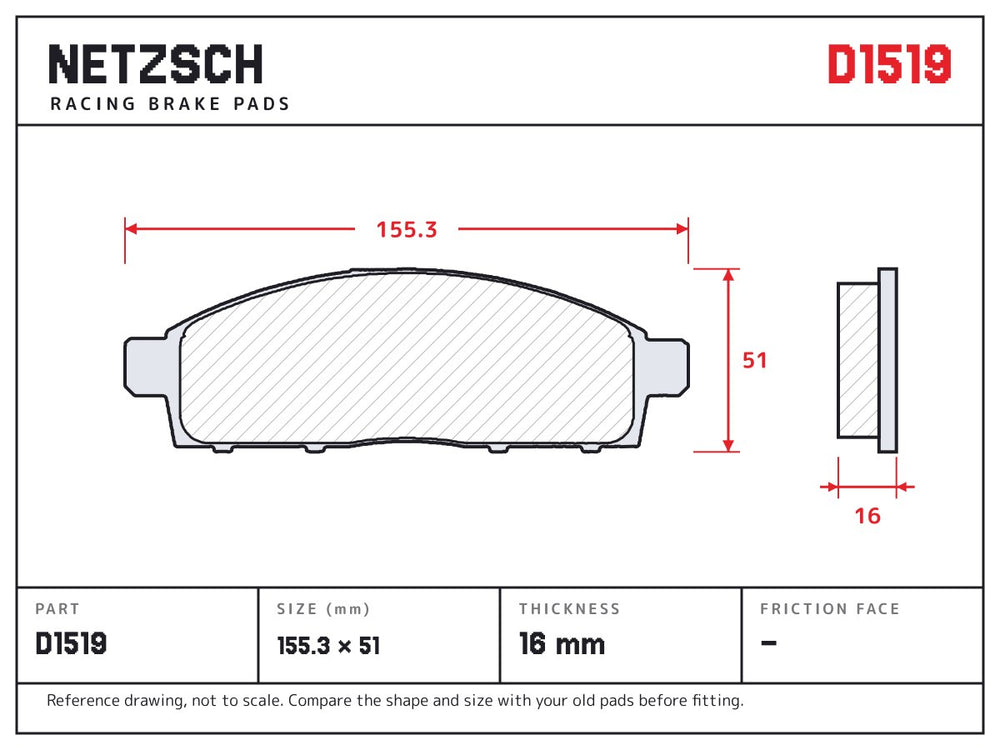 NETZSCH D1519 brake pad drawing, 16 mm thick