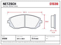 NETZSCH D1539 brake pad drawing, 17.4 mm thick