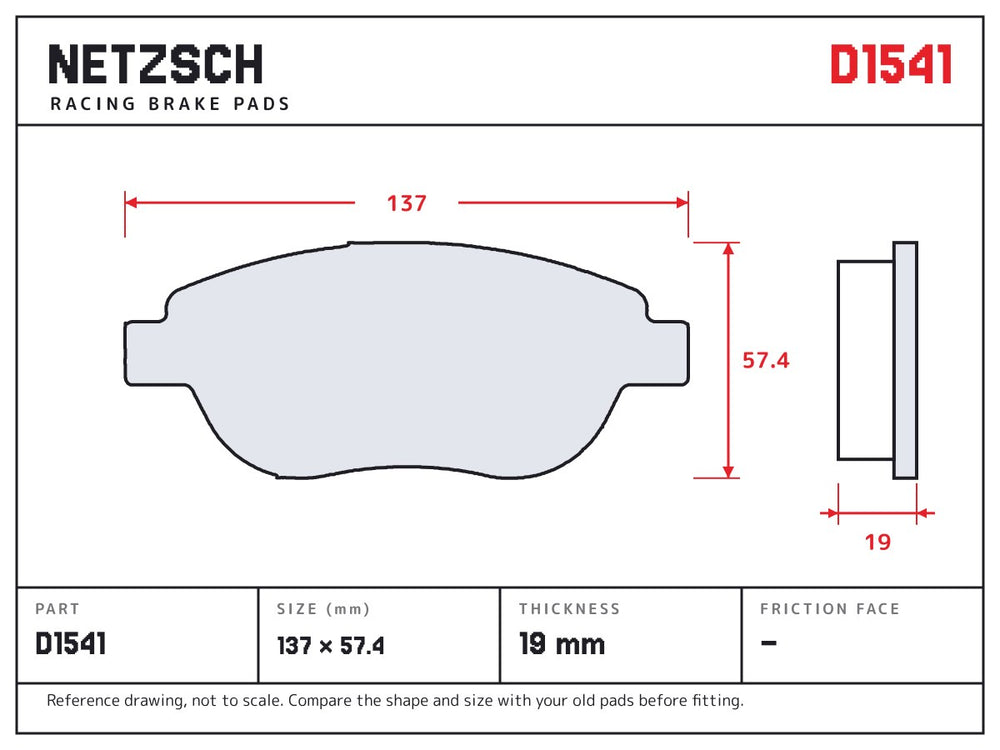 NETZSCH D1541 brake pad drawing, 19 mm thick