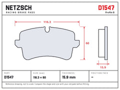 NETZSCH D1547 brake pad drawing, 15.9 mm thick