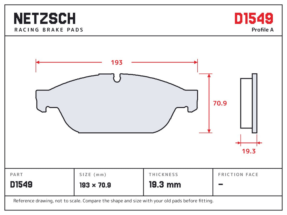 NETZSCH D1549 brake pad drawing, 19.3 mm thick