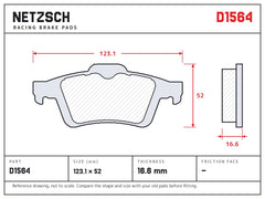 NETZSCH D1564 brake pad drawing, 16.6 mm thick