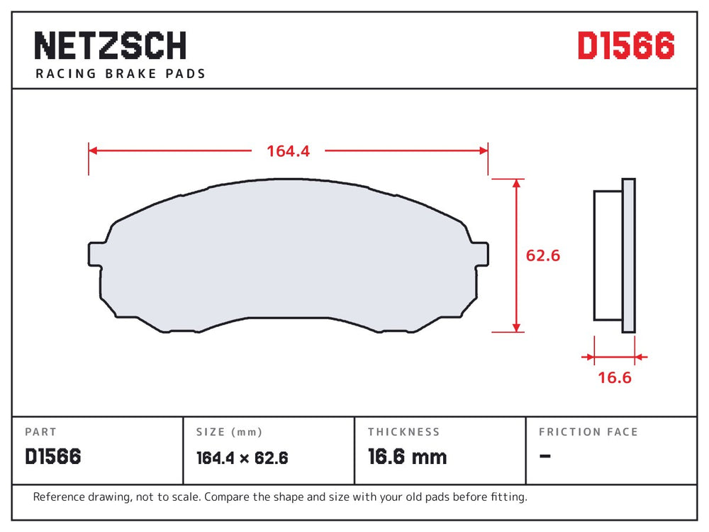 NETZSCH D1566 brake pad drawing, 16.6 mm thick