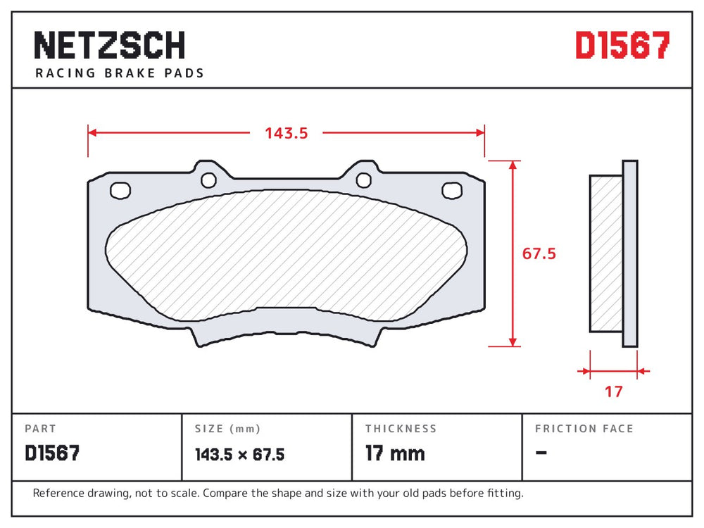 NETZSCH D1567 brake pad drawing, 17 mm thick