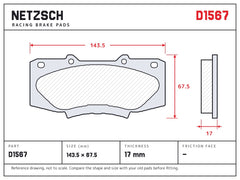 NETZSCH D1567 brake pad drawing, 17 mm thick
