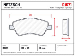 NETZSCH D1571 brake pad drawing, 19 mm thick