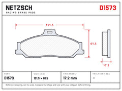 NETZSCH D1573 brake pad drawing, 17.2 mm thick