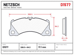 NETZSCH D1577 brake pad drawing, 17.1 mm thick