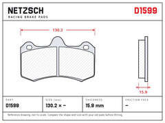 NETZSCH D1599 brake pad drawing, 15.9 mm thick