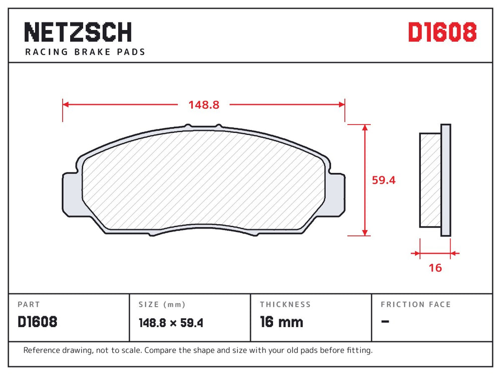 NETZSCH D1608 brake pad drawing, 16 mm thick
