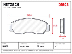 NETZSCH D1608 brake pad drawing, 16 mm thick