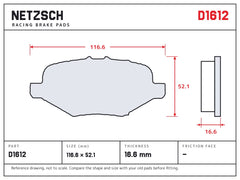NETZSCH D1612 brake pad drawing, 16.6 mm thick