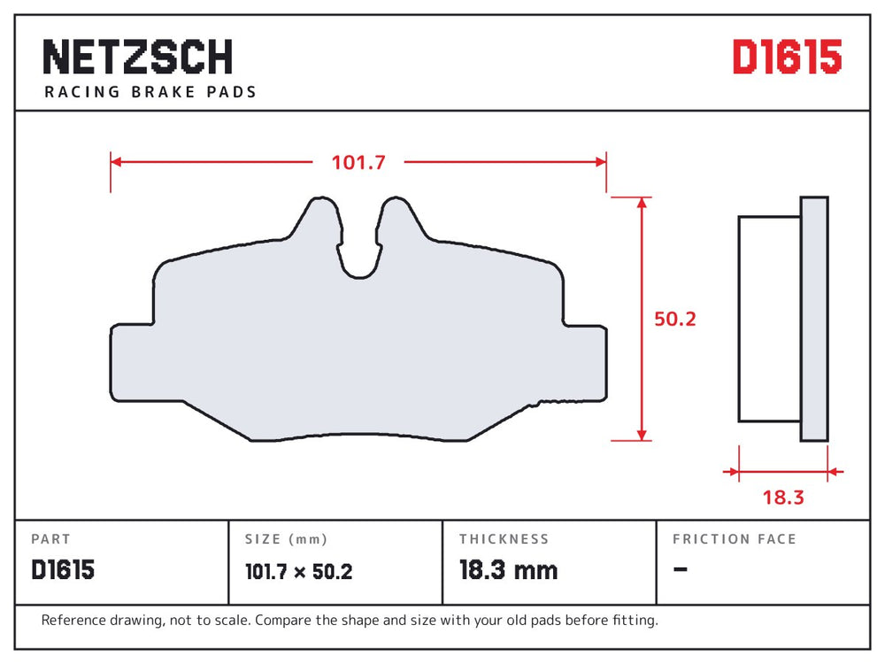 NETZSCH D1615 brake pad drawing, 18.3 mm thick