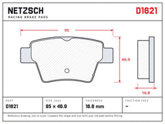 NETZSCH D1621 brake pad drawing, 16.8 mm thick