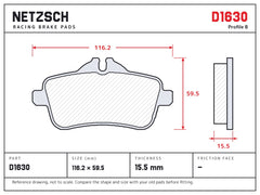 NETZSCH D1630 brake pad drawing, 15.5 mm thick