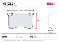 NETZSCH D1634 brake pad drawing, 17.8 mm thick