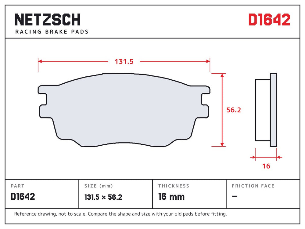 NETZSCH D1642 brake pad drawing, 16 mm thick