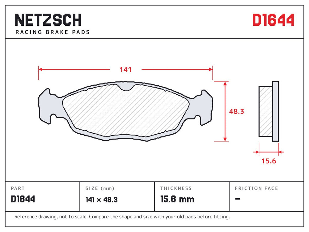 NETZSCH D1644 brake pad drawing, 15.6 mm thick