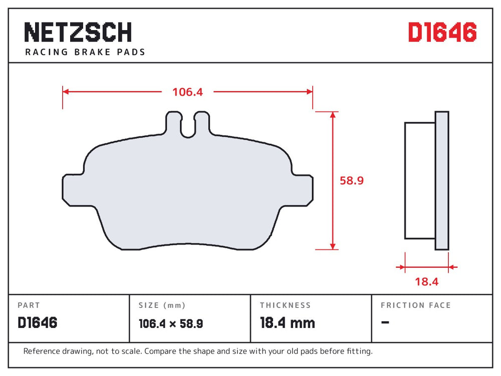 NETZSCH D1646 brake pad drawing, 18.4 mm thick