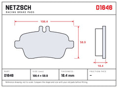 NETZSCH D1646 brake pad drawing, 18.4 mm thick