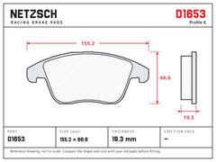 NETZSCH D1653 brake pad drawing, 19.3 mm thick