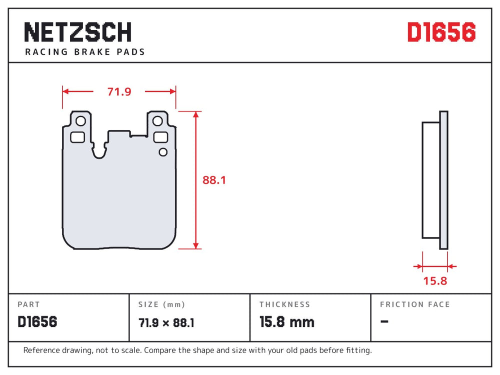 NETZSCH D1656 brake pad drawing, 15.8 mm thick