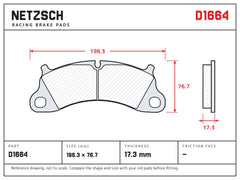 NETZSCH D1664 brake pad drawing, 17.3 mm thick
