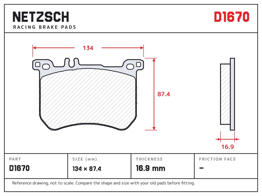 NETZSCH D1670 brake pad drawing, 16.9 mm thick