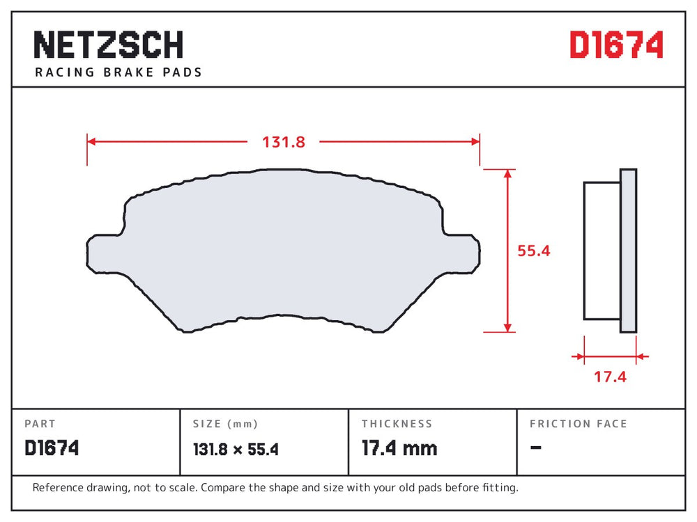 NETZSCH D1674 brake pad drawing, 17.4 mm thick