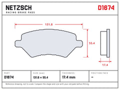NETZSCH D1674 brake pad drawing, 17.4 mm thick