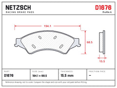 NETZSCH D1676 brake pad drawing, 15.5 mm thick
