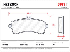 NETZSCH D1681 brake pad drawing, 17.8 mm thick