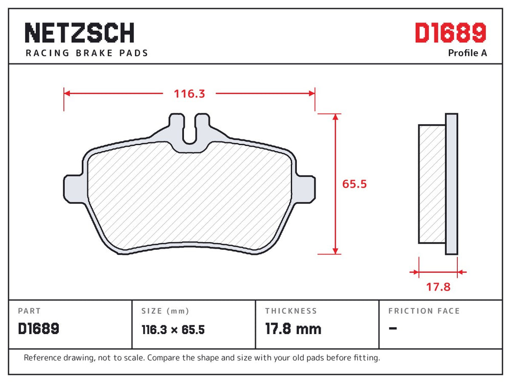 NETZSCH D1689 brake pad drawing, 17.8 mm thick
