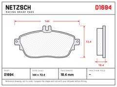 NETZSCH D1694 brake pad drawing, 18.4 mm thick