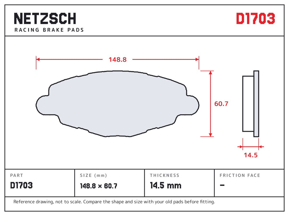 NETZSCH D1703 brake pad drawing, 14.5 mm thick