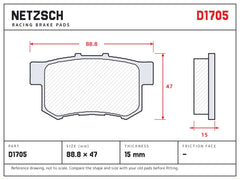 NETZSCH D1705 brake pad drawing, 15 mm thick