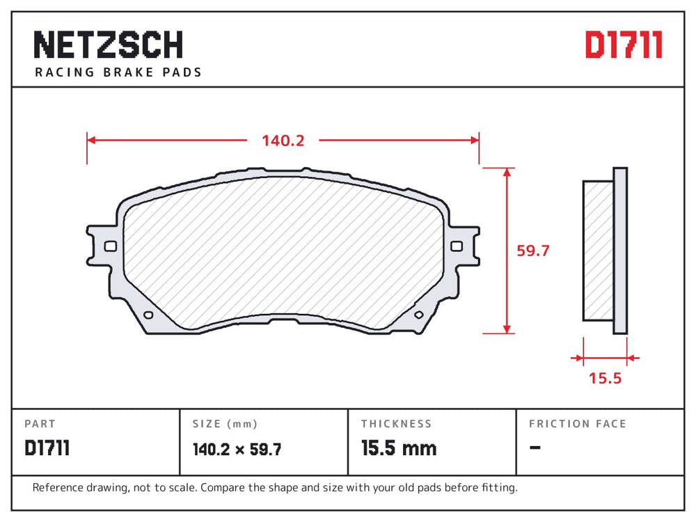 NETZSCH D1711 brake pad drawing, 15.5 mm thick