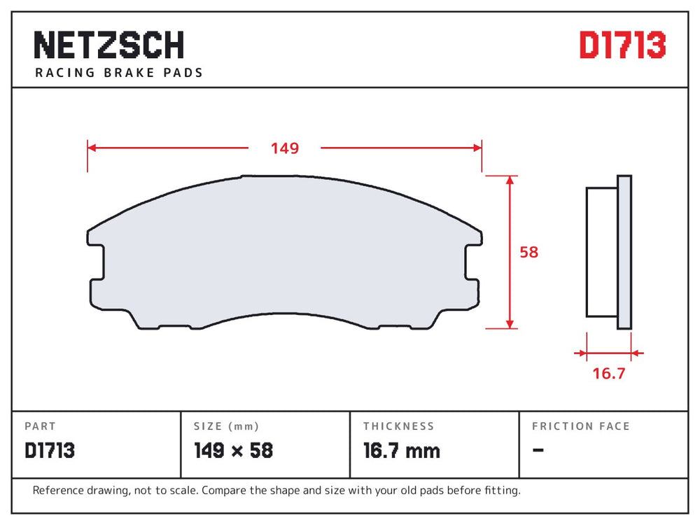 NETZSCH D1713 brake pad drawing, 16.7 mm thick