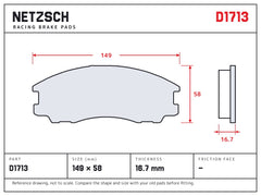 NETZSCH D1713 brake pad drawing, 16.7 mm thick
