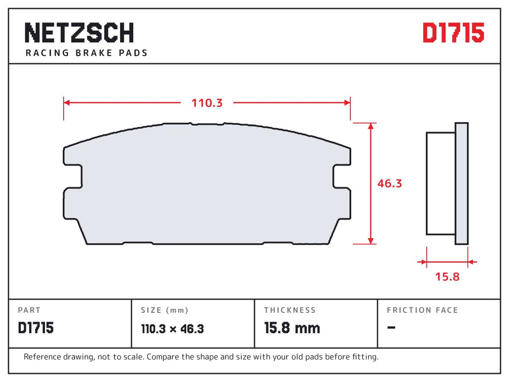 NETZSCH D1715 brake pad drawing, 15.8 mm thick
